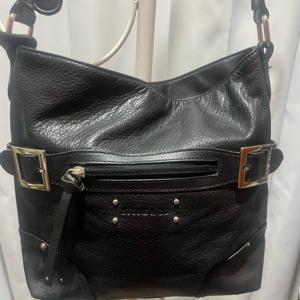 Stone & Co Black Pebbled Leather Crossbody Bag Silver Hardware Teal Lining